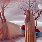 Enigma of Autumn.  •          "Old Holland" oil paint on a medium smallish canvas.  A sweet sadness invests the  image. Garnet light filters through the bare trees from a fading, setting sun  illumining a veiled figure that is crossing the stream of life under a waning moon. Autumn colours predominate.