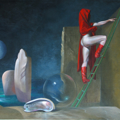 Enigma of the Foolish Ascent.  •        Oils on stretched canvs, about 16"x20". An inadequately garbed though handsomely booted figure in scarlet climbs a broken ladder to nowhere  while a luminous sea rolls in to disturb the symbol for the body and the symbol for the soul under the deceptive light of a gibbous waning moon.