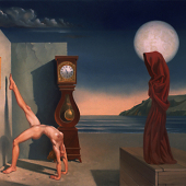 Enigma of Sidereal Time   •     Old Holland oils on canvas about 24x36. The moon is full, silhouetting the veiled figure of decorum which regards the nude who is yielding to the lunar energy, as we all must whether we realize it or not. The clock records the passing hours, minutes and seconds. painted at approximately 49ºnorth by 5ºwest  in the early Two-Thousands.