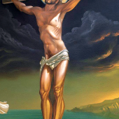 close-up of the painting in Saint Ruan Church, The Lizard, Cornwall.