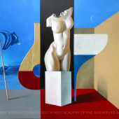 THREE FORMS - 2020     a joyfully nostalgic return to the semi abstract muse of the 1960s.   oil on canvas, 