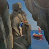 Natalia about to swim off Chough's Ogo in the rays of the setting sun.